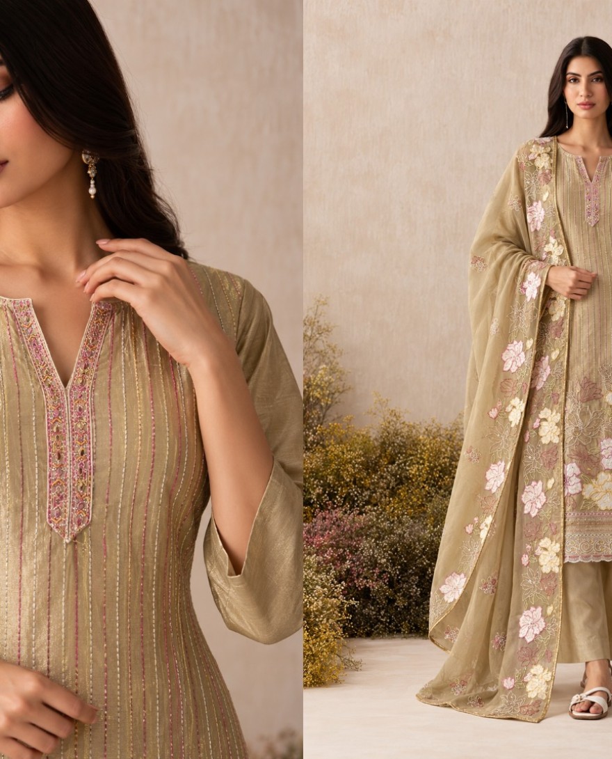 7117 - Beige Embroidered Work Shimmer Salwar Suit